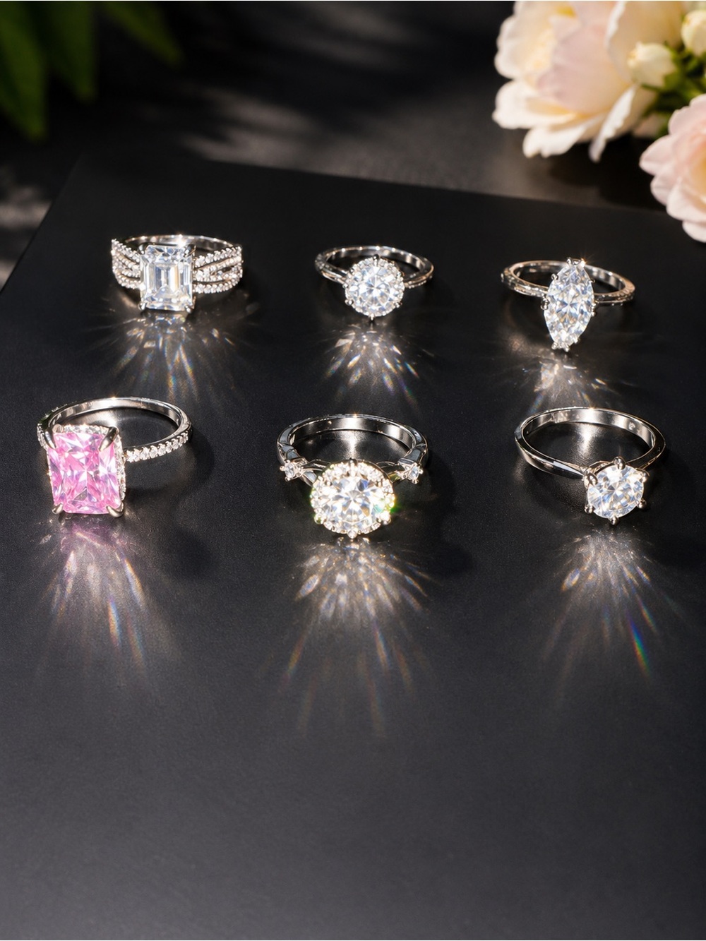 Moissanite Sterling Silver Rings Set with Clear and Pink Stones all 6 $200